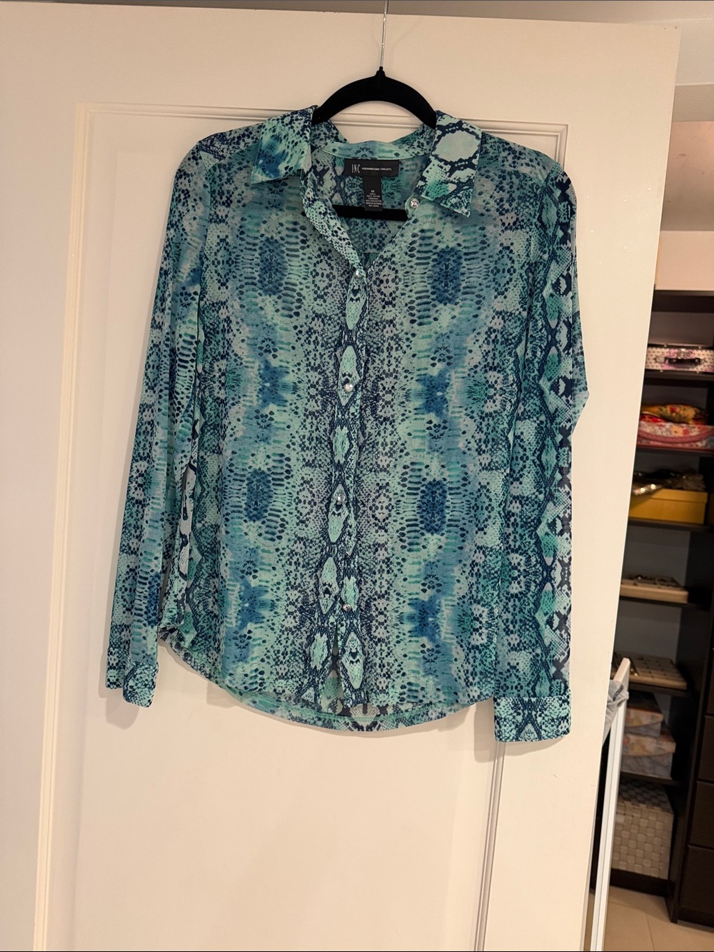 INC International Concepts Teal and Blue Snake-Print Button-Up Shirt